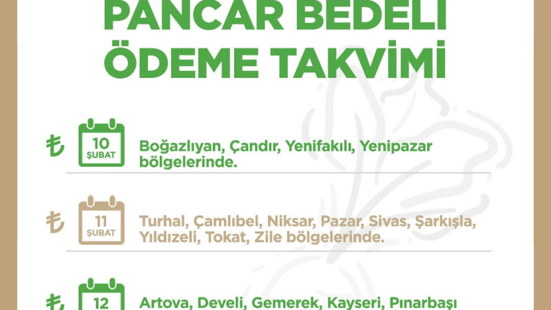 KAYSERİ ŞEKER PANCAR BEDELİ ÖDEMELERİ TAKVİMİ YAYINLANDI