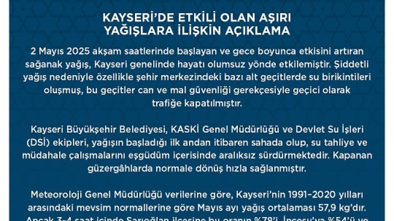 KAYSERİ’DE ETKİLİ OLAN AŞIRI YAĞIŞLARA İLİŞKİN AÇIKLAMA